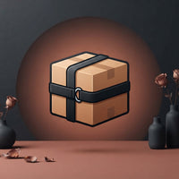Minimalist icon of a shipping package wrapped with a tactical belt against a dark, warm-toned background.