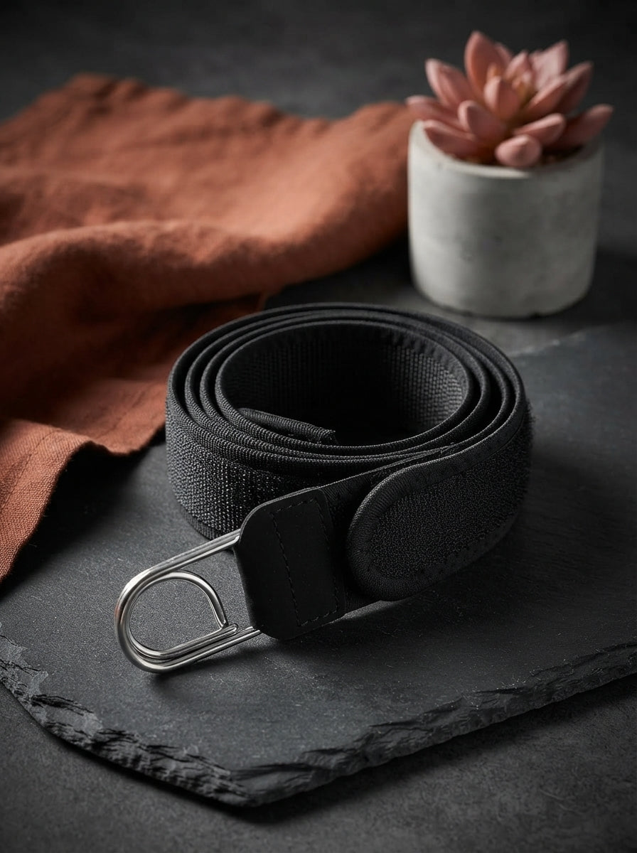 A coiled tactical buckle-less nylon belt with a metal hook resting on a dark charcoal surface with burnt sienna and rose acce